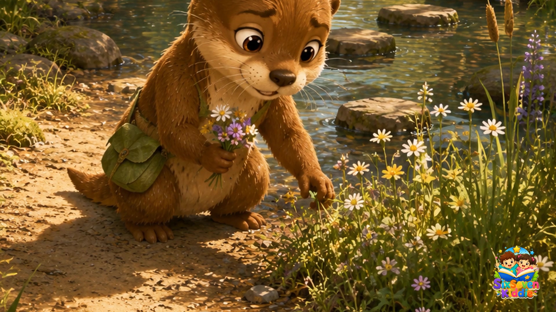 Young river otter Perrin with a small green leaf satchel and wildflowers beside smooth woodland stepping stones